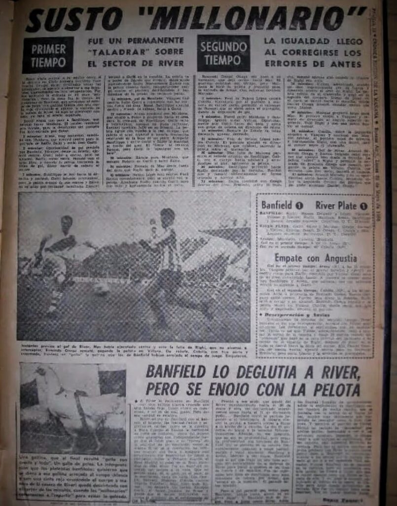 Primera plana del diario Crónica (1966) sobre el partido de fútbol entre River Plate y Banfield.